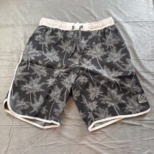 Dixxon Mens The Chad Swim Board Shorts Size S Black Bali Palm Hawaiian Stretch